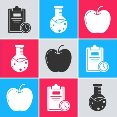 Sınav kağıdını saat, test tüpü ve matara kimya laboratuvarı ve Apple simgesi ile ayarla. Vektör