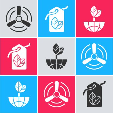 Rüzgar türbini, yaprak sembollü etiket ve Dünya küresi ve yaprak simgesini ayarla. Vektör