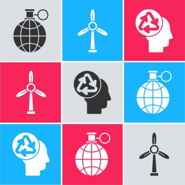 Gezegen, geri dönüşüm, rüzgar türbini ve insan kafasını geri dönüşüm ikonuyla ayarla. Vektör