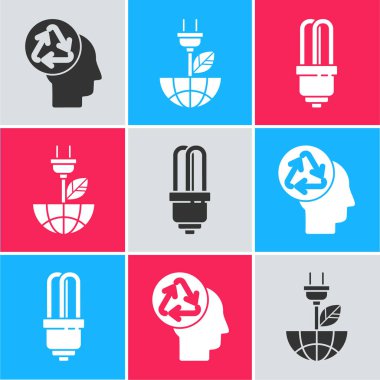 İnsan kafasını geri dönüşümle, elektrik tasarrufu priziyle ve LED ampul simgesiyle ayarla. Vektör