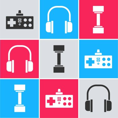 Gamepad, Kulaklıklar ve Dumbbell simgesini ayarla. Vektör
