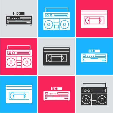 Müzik CD çaları, iki hoparlörlü ev teybi ve VHS video kaset ikonu. Vektör
