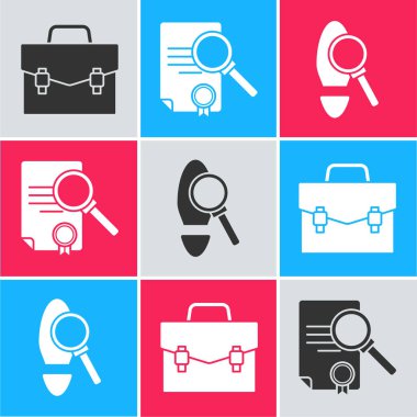 Evrak çantası, arama ve büyüteçle birlikte ayak izi simgesini ayarlayın. Vektör