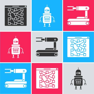 Küresel teknoloji ya da sosyal ağ, Robot ve Robot simgesi ayarla. Vektör