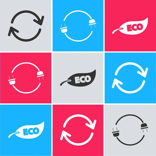 Állítsa Refresh Electric Plug Leaf Eco Szimbólum Ikonját Vektor — Stock Vector