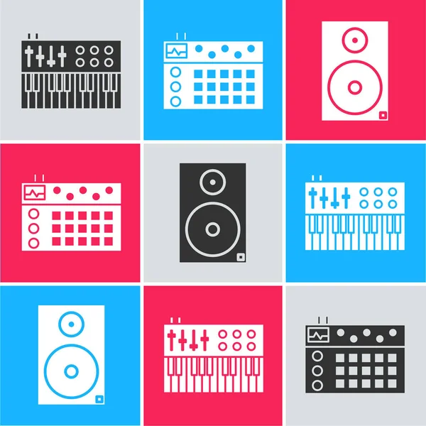 Set Sintetizador Música Máquina Batería Icono Altavoz Estéreo Vector — Archivo Imágenes Vectoriales