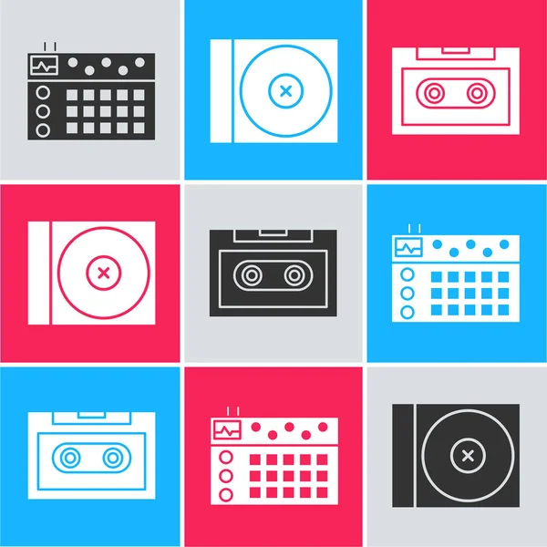 Set Drum Machine Dvd Disk Retro Audio Cassette Tape Icon — Stock Vector