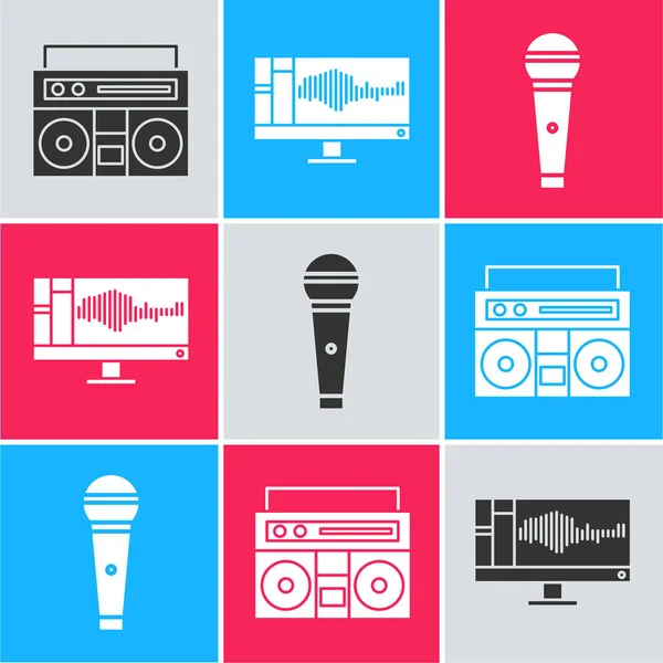 Set Home Stereo Two Speakers Sound Audio Recorder Monitor Microphone — Stock Vector