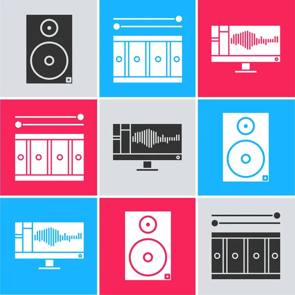 Set Stereo Speaker Drum Drum Sticks Sound Audio Recorder Monitor — Stock Vector