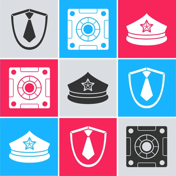 设置领带 安全和警察帽与帽徽图标 — 图库矢量图片