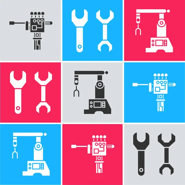 Set Robot Mecánico Mano Destornillador Llave Inglesa Icono Línea Montaje — Archivo Imágenes Vectoriales