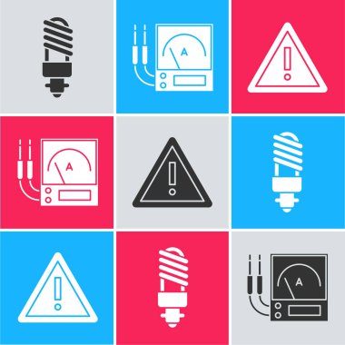 LED ampul, ampere ölçer, multimetre, voltmetre ve ünlem işaretini üçgen simgesine ayarla. Vektör