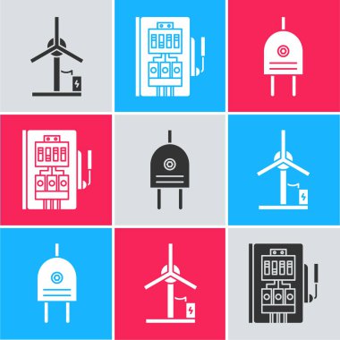Rüzgar türbini, elektrik paneli ve elektrik prizi ikonunu ayarla. Vektör