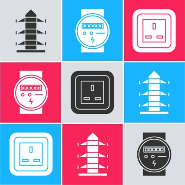 Yüksek voltajlı elektrik direği hattı, elektrik sayacı ve elektrik prizi simgesini ayarla. Vektör