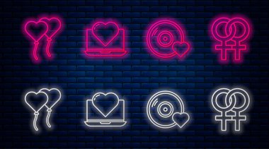 Dizüstü bilgisayarda kalp, romantik müzik, kalp şeklinde balonlar ve kadın cinsiyet sembolü koyun. Tuğla duvarda parlayan neon simgesi. Vektör