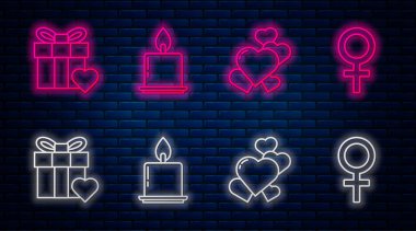 Yakıcı mum, kalp, hediye kutusu, kalp ve kadın cinsiyet sembolü. Tuğla duvarda parlayan neon simgesi. Vektör