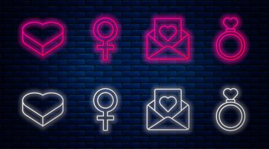Dişi cinsiyet sembolü, yürekli zarf, kalp şeklinde şeker kutusu ve alyans. Tuğla duvarda parlayan neon simgesi. Vektör