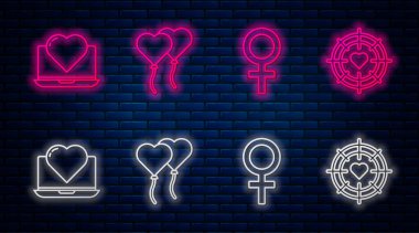 Balonları kalp şeklinde dizayn et, kadın cinsiyet sembolü, hedefi dartların ortasında kalbi ve kalbi olan dizüstü bilgisayar. Tuğla duvarda parlayan neon simgesi. Vektör