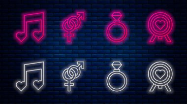 Dart sahasında cinsiyet, alyans, müzik notası, kalp ve kalple hedef al. Tuğla duvarda parlayan neon simgesi. Vektör