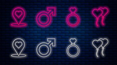 Erkek cinsiyet sembolü, alyans, kalp ve balon şeklinde harita işaretleyici. Tuğla duvarda parlayan neon simgesi. Vektör