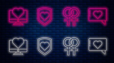 Kalbi kalkanlı, cinsiyet sembolü, kalbi, kalbi ve kalbi olan bilgisayar monitörü. Tuğla duvarda parlayan neon simgesi. Vektör