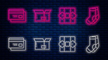 Satır çizgisi, karton kutu, hediye kutusu, kredi kartı ve çorap. Tuğla duvarda parlayan neon simgesi. Vektör