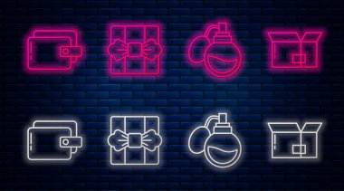 Hediye kutusu, parfüm, cüzdan ve karton kutu. Tuğla duvarda parlayan neon simgesi. Vektör
