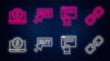 Satın alma düğmesi, çevrimiçi alışveriş, dolar ve zincirli dizüstü bilgisayar. Tuğla duvarda parlayan neon simgesi. Vektör