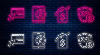 Satır tabletini dolarla, fiyat etiketini dolarla, online alışverişi ekranda ve Shield 'ı dolarla ayarla. Tuğla duvarda parlayan neon simgesi. Vektör
