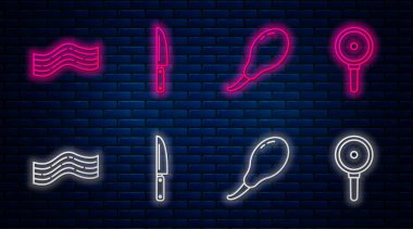Çizgili bıçak, tavuk budu, pastırma şeridi ve kızartma tavası. Tuğla duvarda parlayan neon simgesi. Vektör