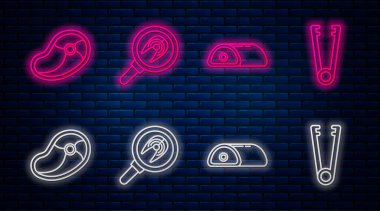 Kızartma tavasında balık bifteği, et, biftek ve et maşası. Tuğla duvarda parlayan neon simgesi. Vektör