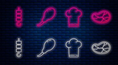 Hattı ayarla Tavuk budu, Şef şapkası, ızgara şiş kebap şiş çubuğu ve biftek eti. Tuğla duvarda parlayan neon simgesi. Vektör