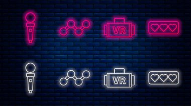 Sırayı paylaş, sanal gerçeklik gözlükleri, oyun makinası için Joystick ve hoşlanma ve kalp. Tuğla duvarda parlayan neon simgesi. Vektör