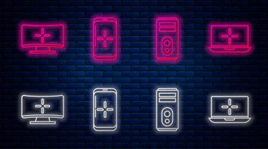 Satır Smartphone 'u ve oyunda oynamayı, Bilgisayar, Bilgisayar monitörü ve Laptop' u ayarla. Tuğla duvarda parlayan neon simgesi. Vektör