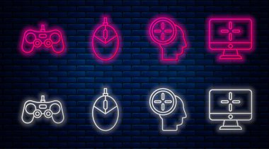 Bilgisayar oyunu, kelle avcılığı, oyun sahası ve bilgisayar monitörlerini ayarla. Tuğla duvarda parlayan neon simgesi. Vektör
