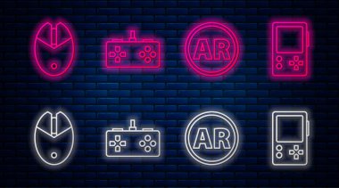 Satır satırı Gamepad, Ar, artırılmış gerçeklik, Bilgisayar fare oyunu ve taşınabilir oyun konsolu. Tuğla duvarda parlayan neon simgesi. Vektör