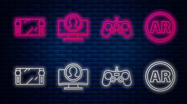 Satır Oluştur hesap ekranı, Gamepad, taşınabilir oyun konsolu ve Ar, artırılmış gerçeklik. Tuğla duvarda parlayan neon simgesi. Vektör