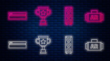 Set hattı ödül kupası, Stereo hoparlör, video oyun konsolu ve artırılmış gerçeklik. Tuğla duvarda parlayan neon simgesi. Vektör