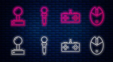 Oyun makinesi için Joystick 'i, Gamepad' i, atari makinesi için Joystick 'i ve bilgisayar faresi oyunu için ayarla. Tuğla duvarda parlayan neon simgesi. Vektör