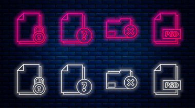 Bilinmeyen belgeyi ayarla, dizini sil, belgeyi sil ve kilitle ve PSD dosya belgesi. Tuğla duvarda parlayan neon simgesi. Vektör