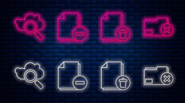 Satır Belgesini eksi ile ayarla, dosya belgesini sil, Arama Bulutu hesaplama ve dizini sil. Tuğla duvarda parlayan neon simgesi. Vektör