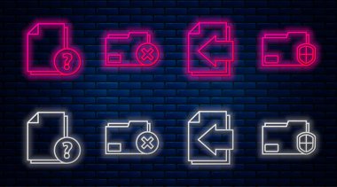 Satır Silme dizinini, Sonraki sayfa okunu, Bilinmeyen belge ve Belge dizin korumasını ayarla. Tuğla duvarda parlayan neon simgesi. Vektör