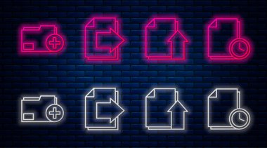 Satır Sonraki sayfa okunu ayarla, dosya belgesini yükle, saati olan yeni dizin ve belge ekle. Tuğla duvarda parlayan neon simgesi. Vektör