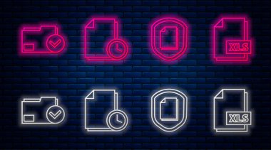 Satır Belgesini saat, Belge koruma kavramı, Belge dizini ve işaretleme işareti ve XLS dosya belgesi ile ayarla. Tuğla duvarda parlayan neon simgesi. Vektör