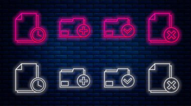 Satır Ayarla Yeni dizin, Belge dizini ve işaretleme işareti ekle, Saat içeren belge ve Dosya Sil. Tuğla duvarda parlayan neon simgesi. Vektör