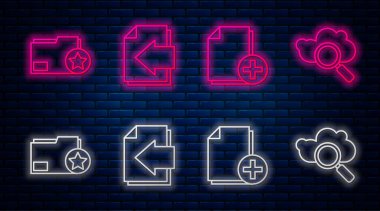 Satırı ayarla Sonraki sayfa oku, Yeni dosya ekle, Yıldız ve Arama Bulut hesaplaması içeren belge dizini ekle. Tuğla duvarda parlayan neon simgesi. Vektör