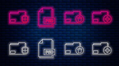 Satır PSD dosya belgesini ayarla, dizini sil, belgeyi koru ve yeni dizin ekle. Tuğla duvarda parlayan neon simgesi. Vektör