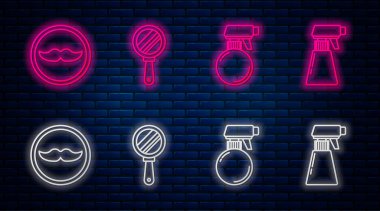 El aynası, kuaför tabancası sprey şişesi, bıyık ve saç spreyi şişesi. Tuğla duvarda parlayan neon simgesi. Vektör