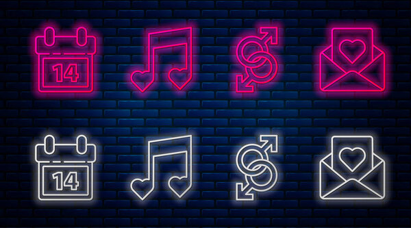 Set line Music note, tone with hearts, Male gender symbol, Calendar with February 14 and Envelope with heart. Glowing neon icon on brick wall. Vector