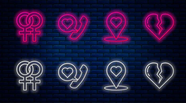 Telefon hattını kalp konuşma baloncuğu, harita işaretleyicisi, kadın cinsiyet sembolü ve kırık kalp ya da boşanma ile ayarla. Tuğla duvarda parlayan neon simgesi. Vektör